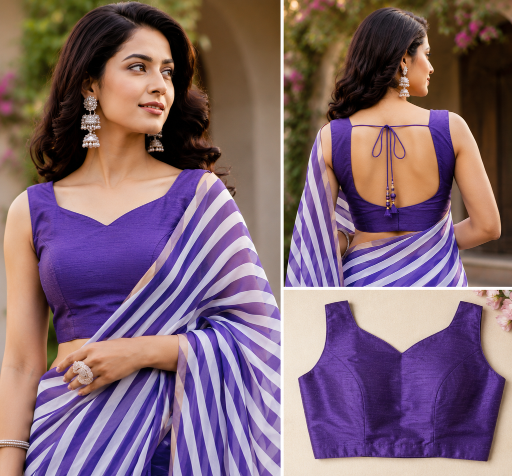 Purple White Stripe Chanderi Cotton Ready To Wear Saree - blouse detail