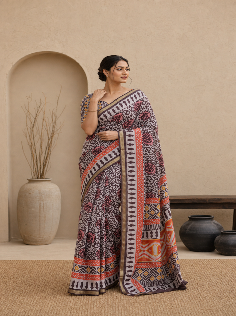 Black Pure Cotton Batik Print Saree