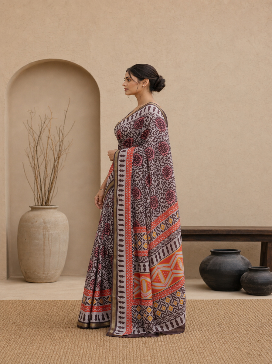 Black Pure Cotton Batik Print Saree - purple2