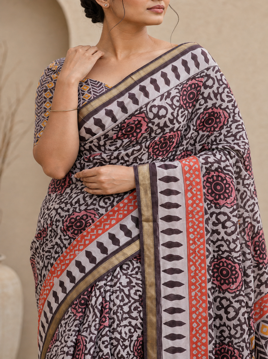 Black Pure Cotton Batik Print Saree - purple3
