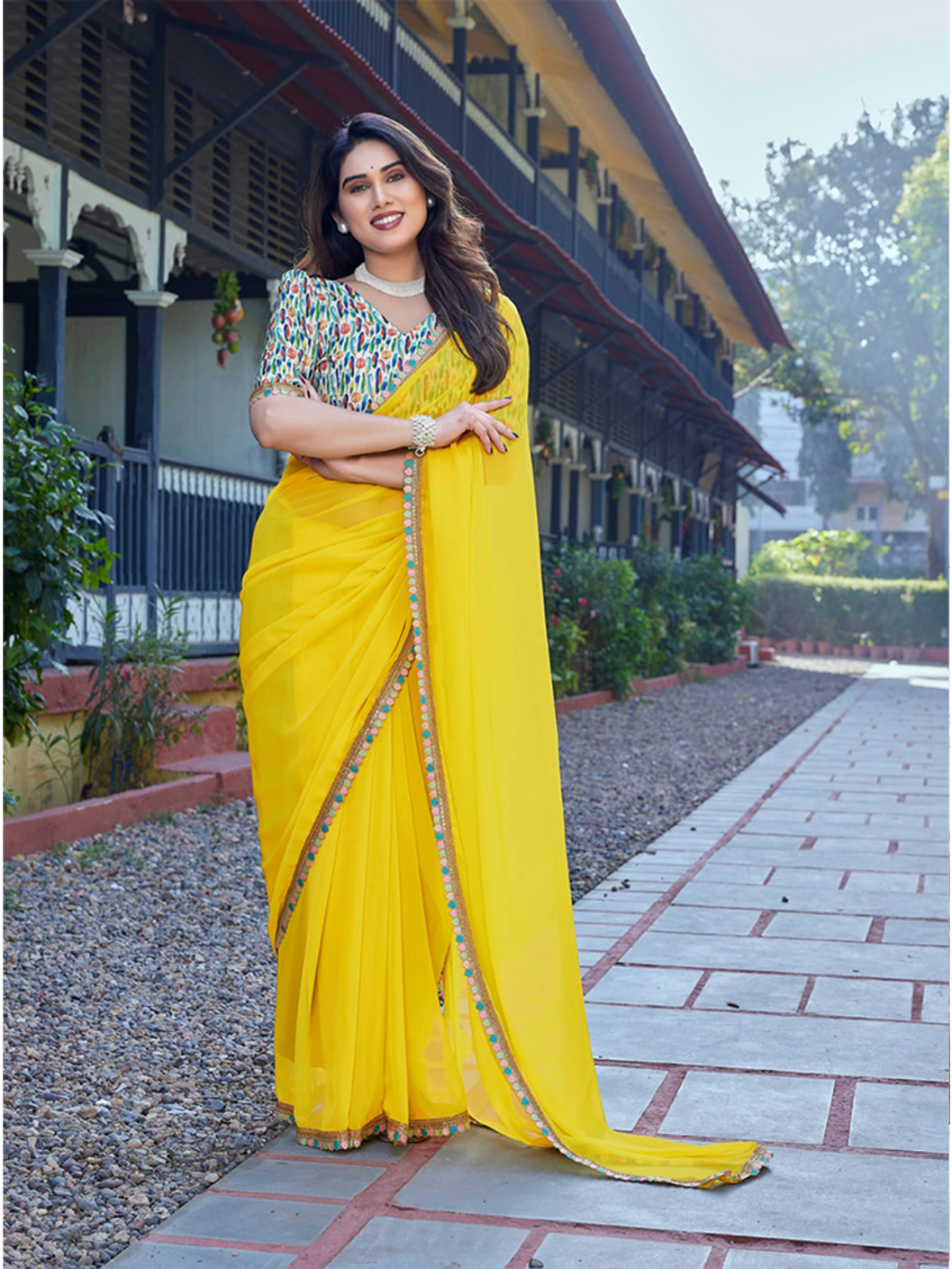 Elegant Yellow Georgette Saree with Designer Border & Printed Blouse – Festive & Party Wear