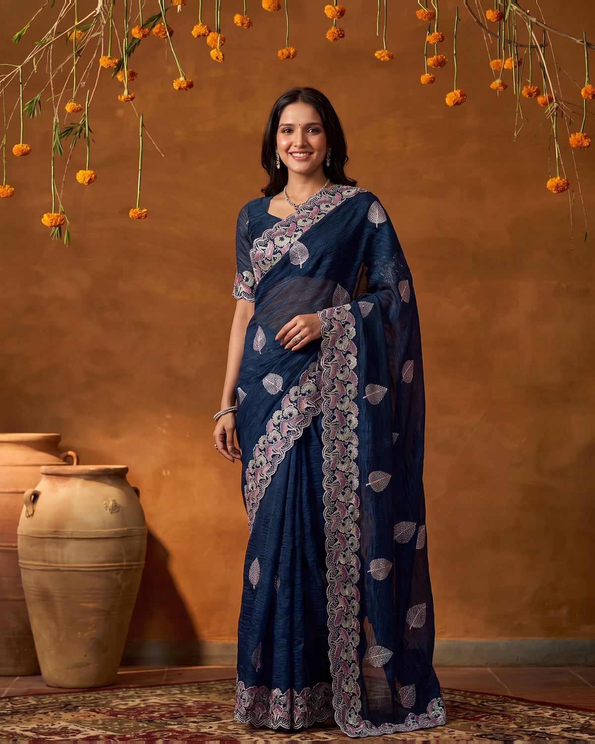 Radhika Statement Butti Festive Saree with Embroidered Pallu - Air Force - full saree hero