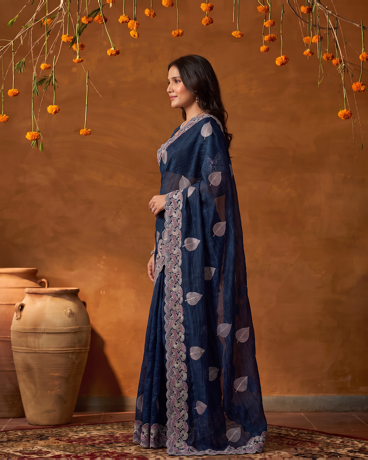 Radhika Statement Butti Festive Saree with Embroidered Pallu - Air Force - side