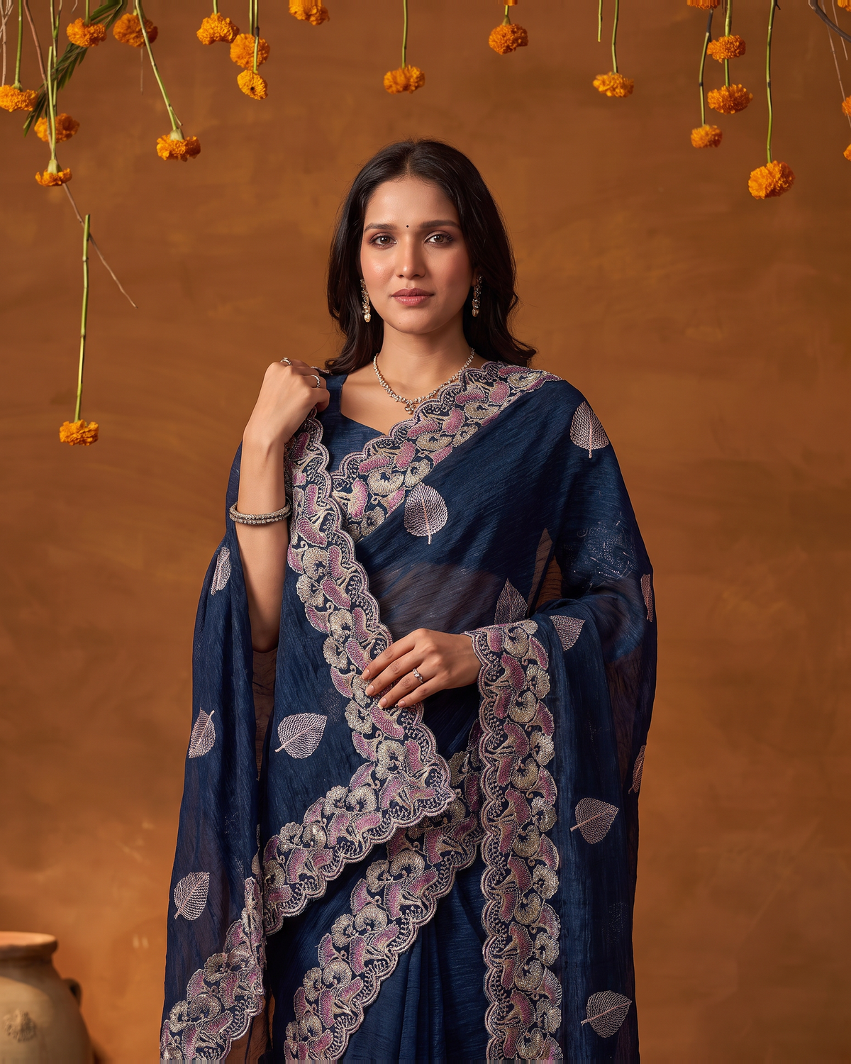 Radhika Statement Butti Festive Saree with Embroidered Pallu - Air Force - upper closeup