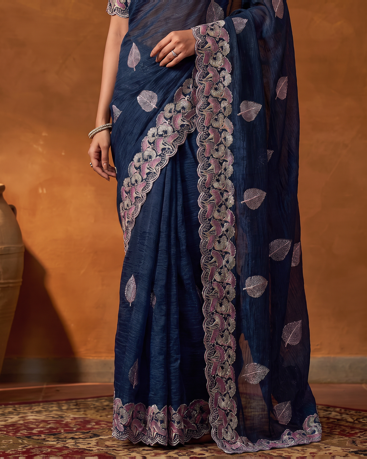 Radhika Statement Butti Festive Saree with Embroidered Pallu - Air Force - lower closeup