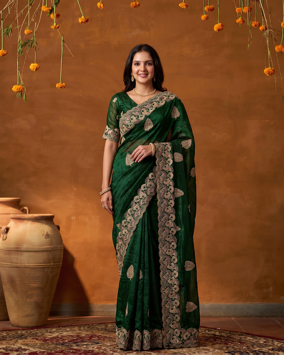 Radhika Statement Butti Festive Saree with Embroidered Pallu - Green - full saree hero