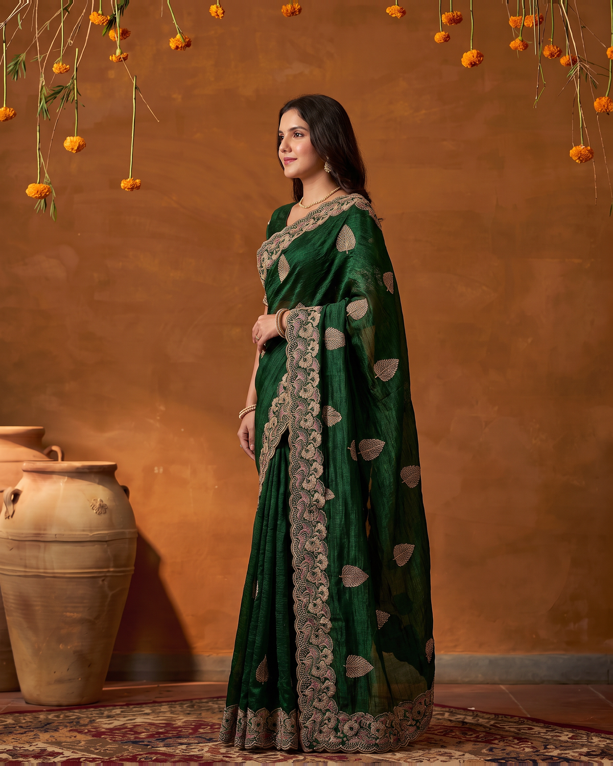 Radhika Statement Butti Festive Saree with Embroidered Pallu - Green - side