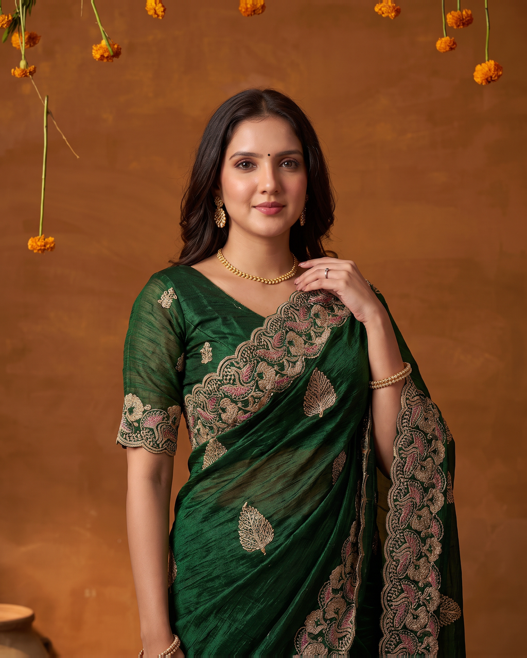 Radhika Statement Butti Festive Saree with Embroidered Pallu - Green - upper closeup