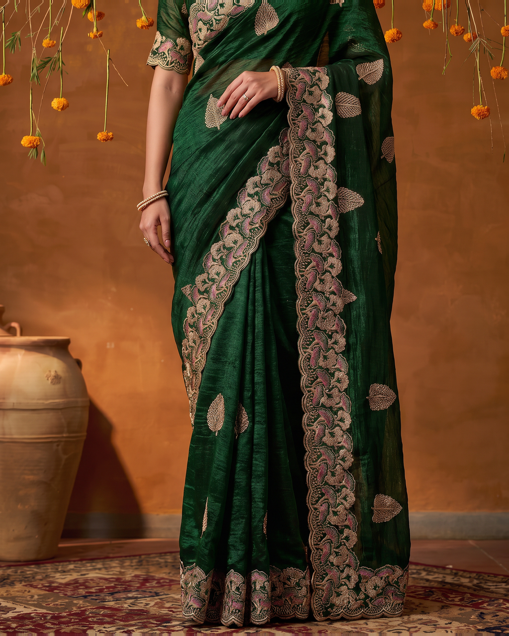 Radhika Statement Butti Festive Saree with Embroidered Pallu - Green - lower closeup