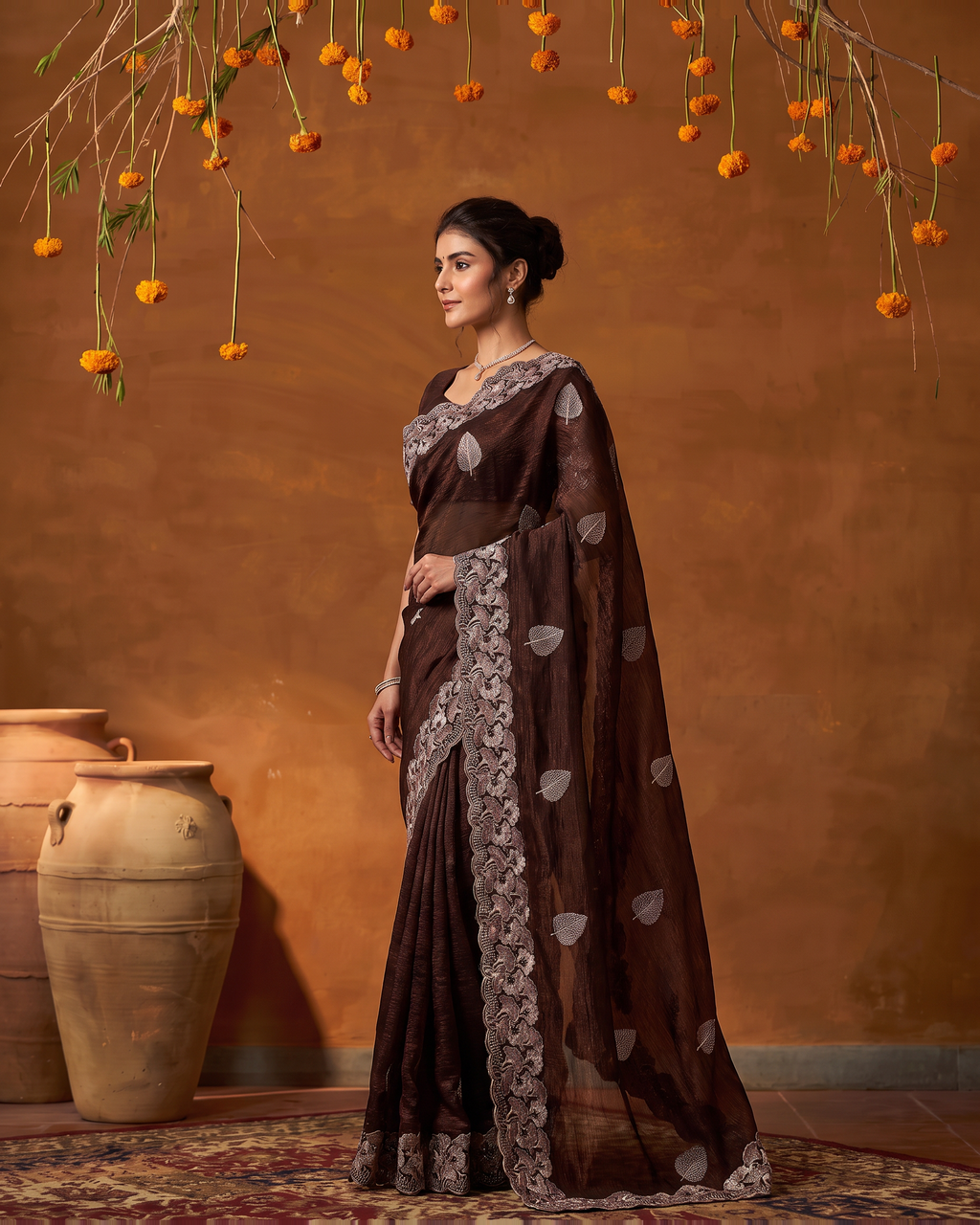 Radhika Statement Butti Festive Saree with Embroidered Pallu - Maroon - side