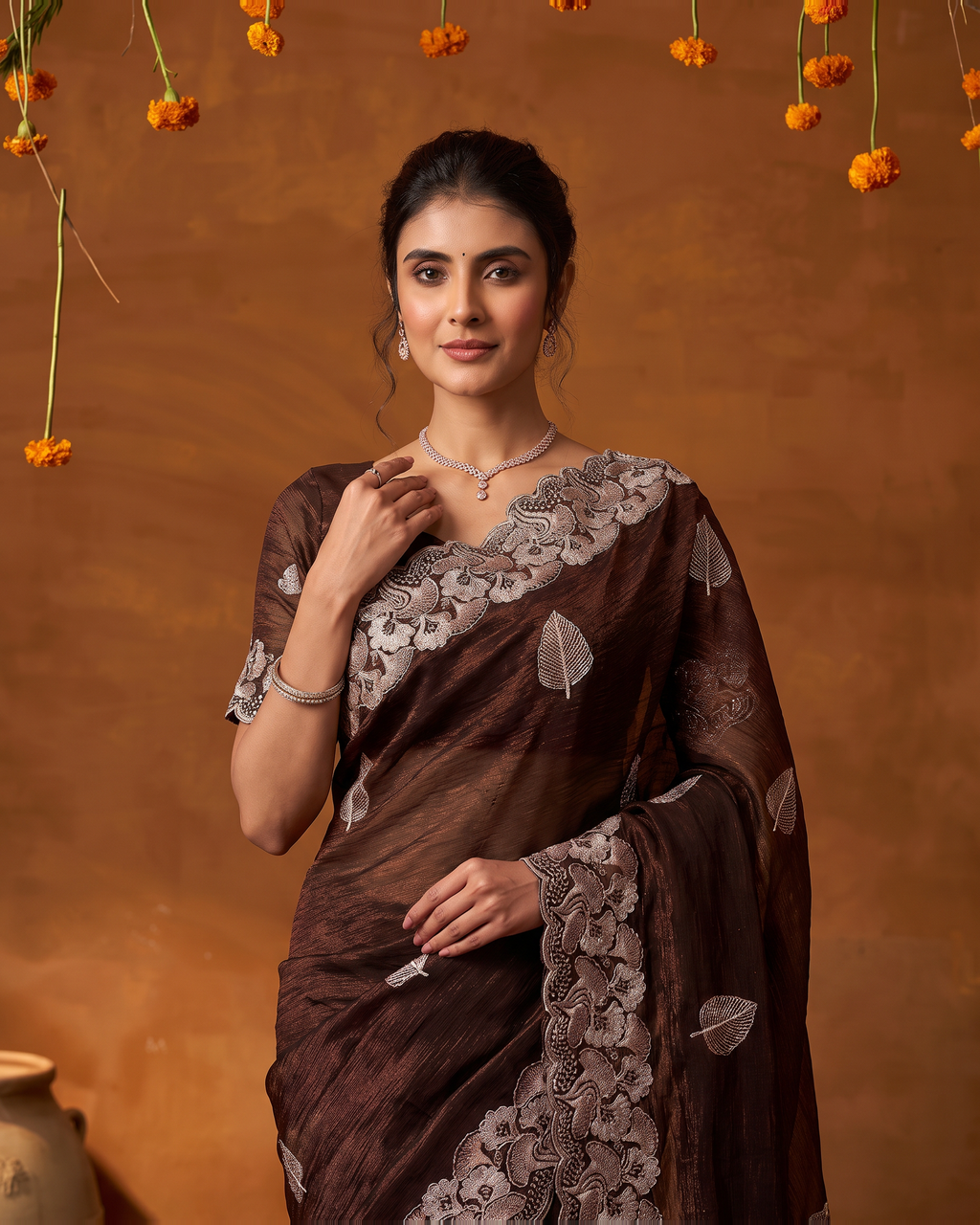 Radhika Statement Butti Festive Saree with Embroidered Pallu - Maroon - upper closeup