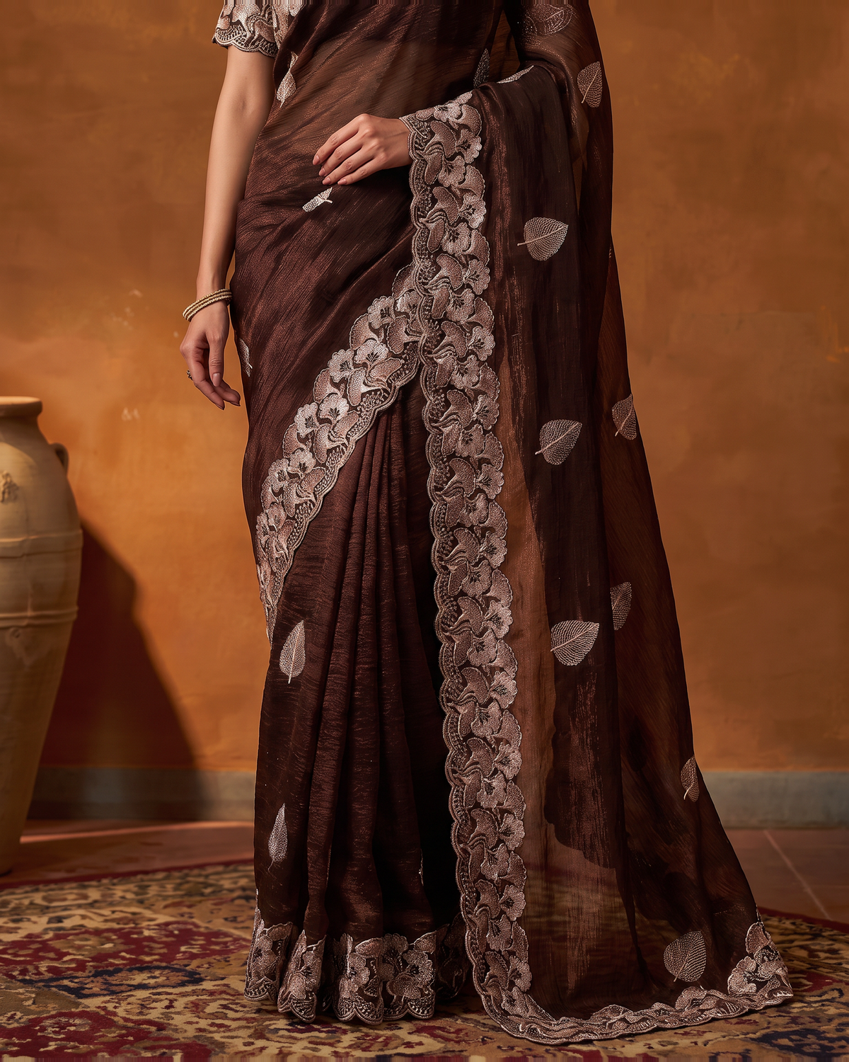 Radhika Statement Butti Festive Saree with Embroidered Pallu - Maroon - lower closeup
