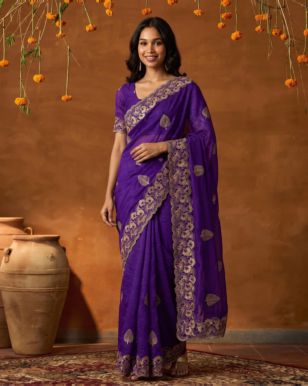 Radhika Statement Butti Festive Saree with Embroidered Pallu - Purple - full saree hero
