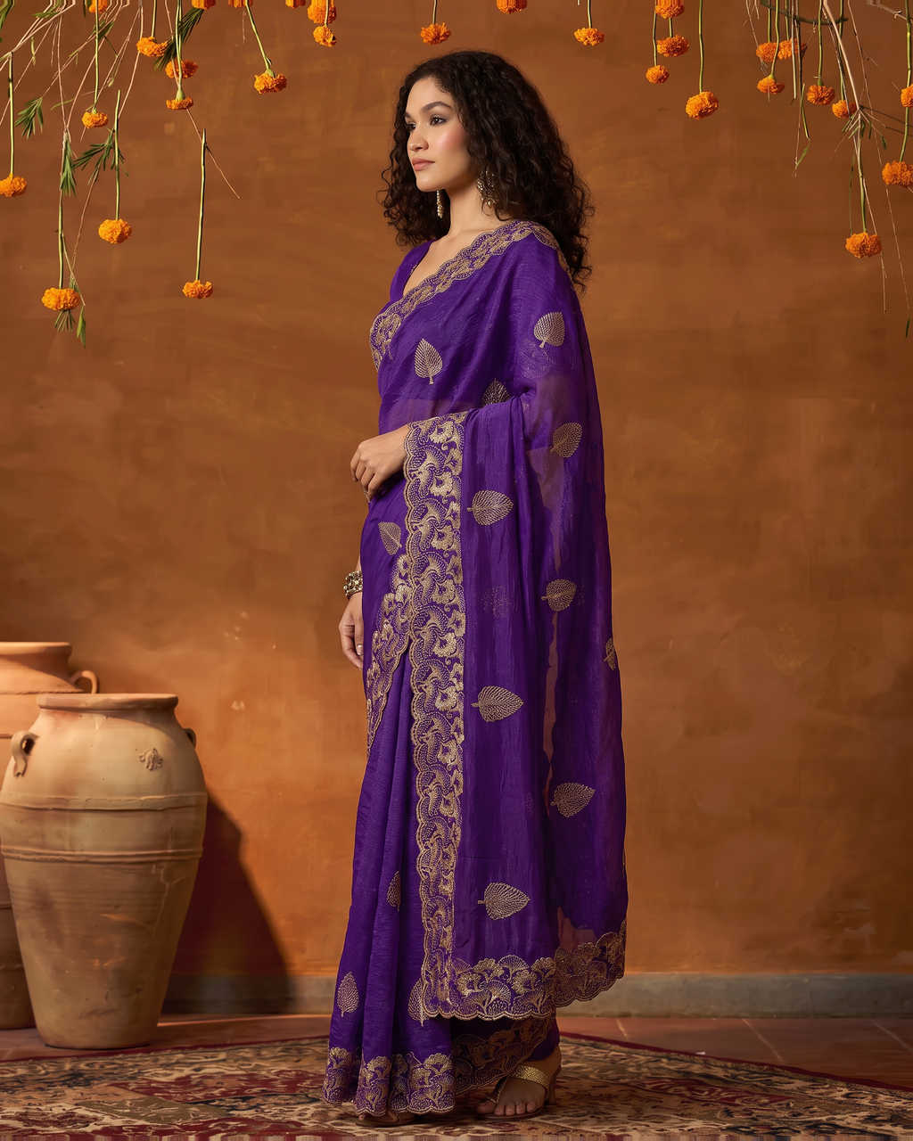 Radhika Statement Butti Festive Saree with Embroidered Pallu - Purple - side