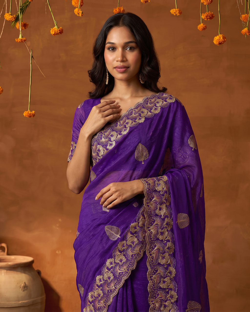 Radhika Statement Butti Festive Saree with Embroidered Pallu - Purple - upper closeup