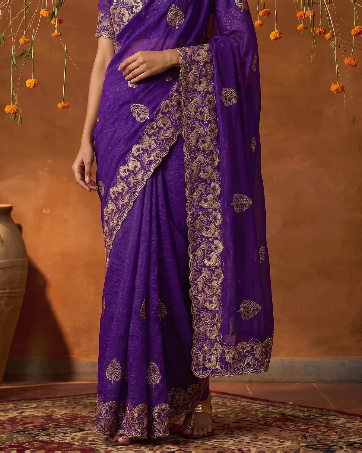Radhika Statement Butti Festive Saree with Embroidered Pallu - Purple - lower closeup