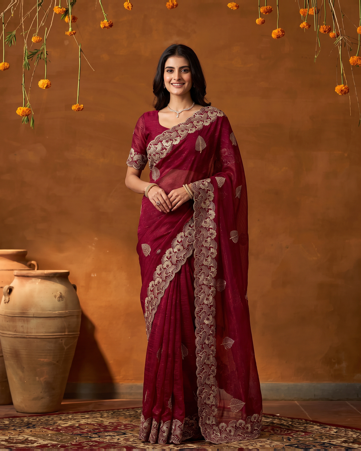 Radhika Statement Butti Festive Saree with Embroidered Pallu - Rani - full saree hero