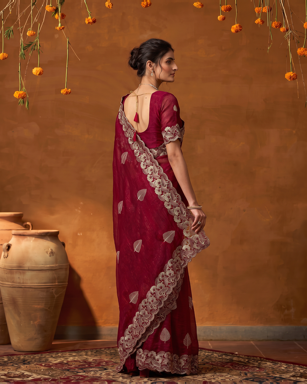 Radhika Statement Butti Festive Saree with Embroidered Pallu - Rani - side