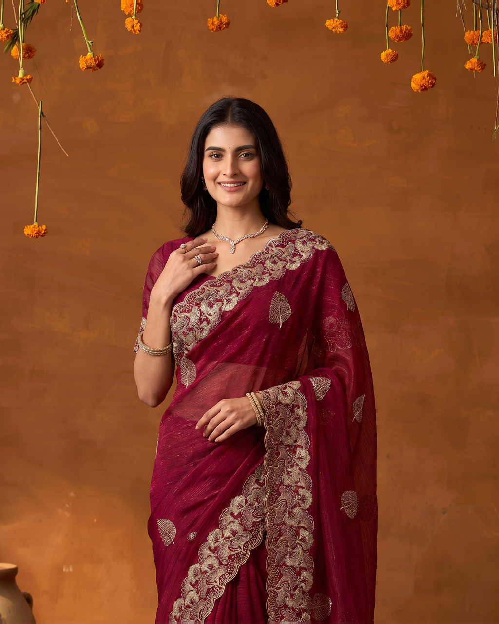 Radhika Statement Butti Festive Saree with Embroidered Pallu - Rani - upper closeup