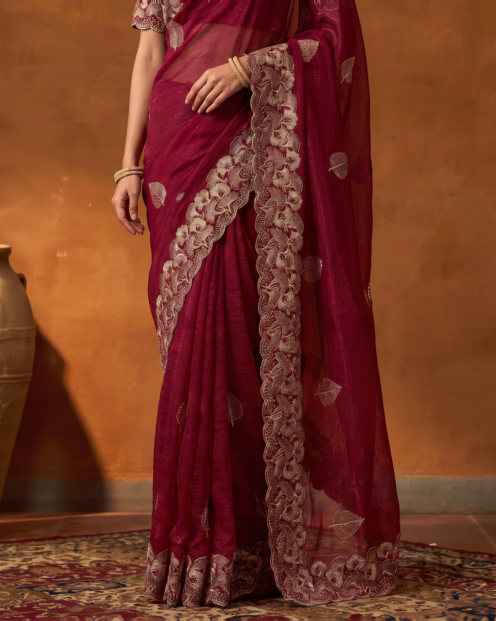 Radhika Statement Butti Festive Saree with Embroidered Pallu - Rani - lower closeup