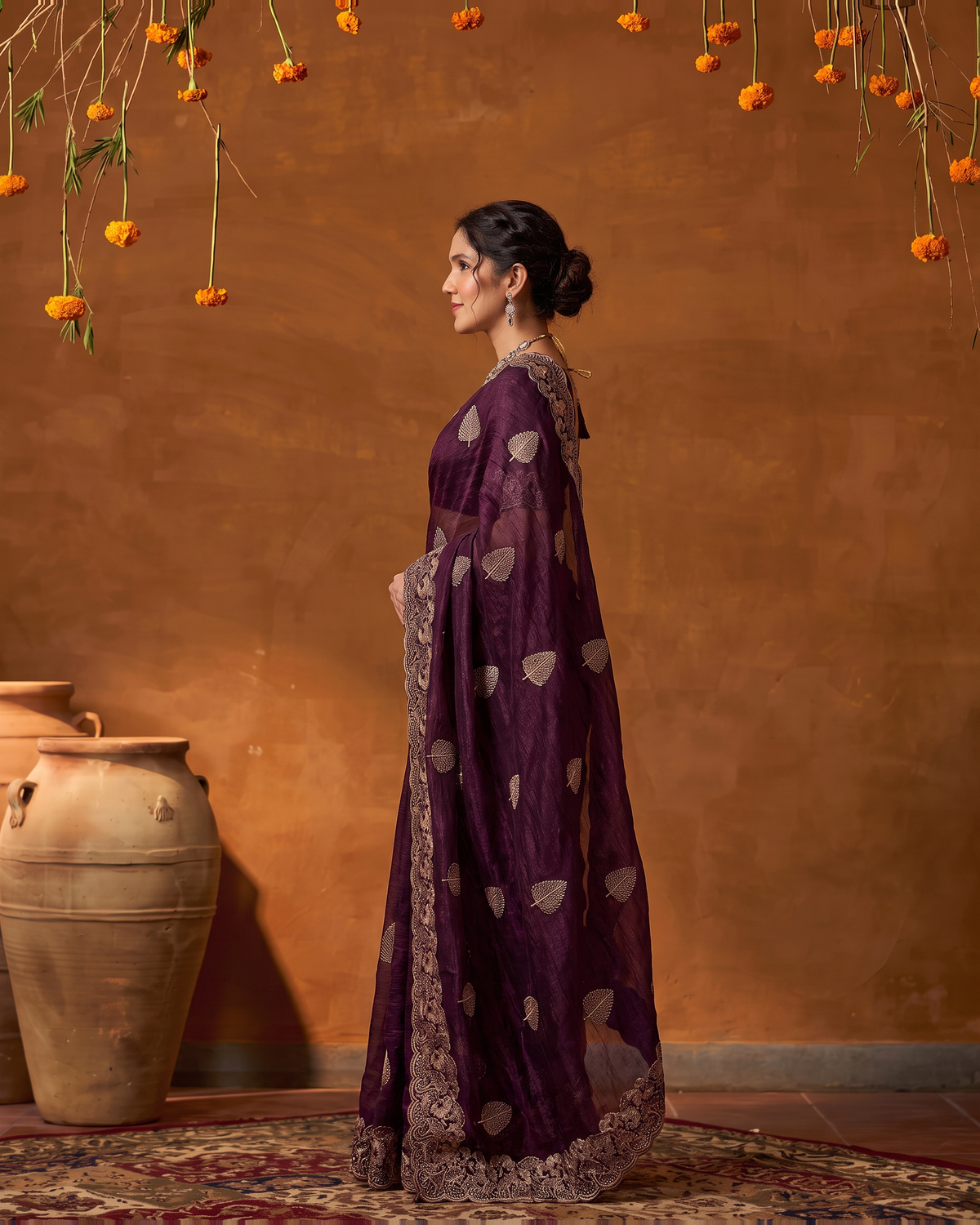 Radhika Statement Butti Festive Saree with Embroidered Pallu - Wine - side
