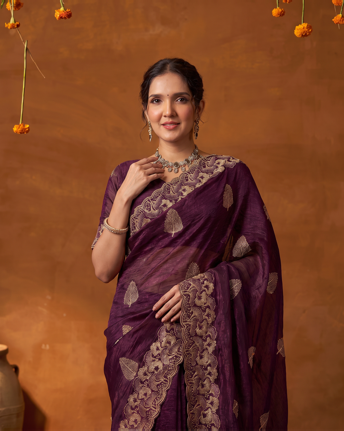 Radhika Statement Butti Festive Saree with Embroidered Pallu - Wine - upper closeup