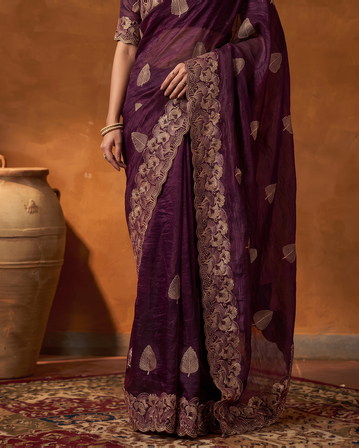 Radhika Statement Butti Festive Saree with Embroidered Pallu - Wine - lower closeup
