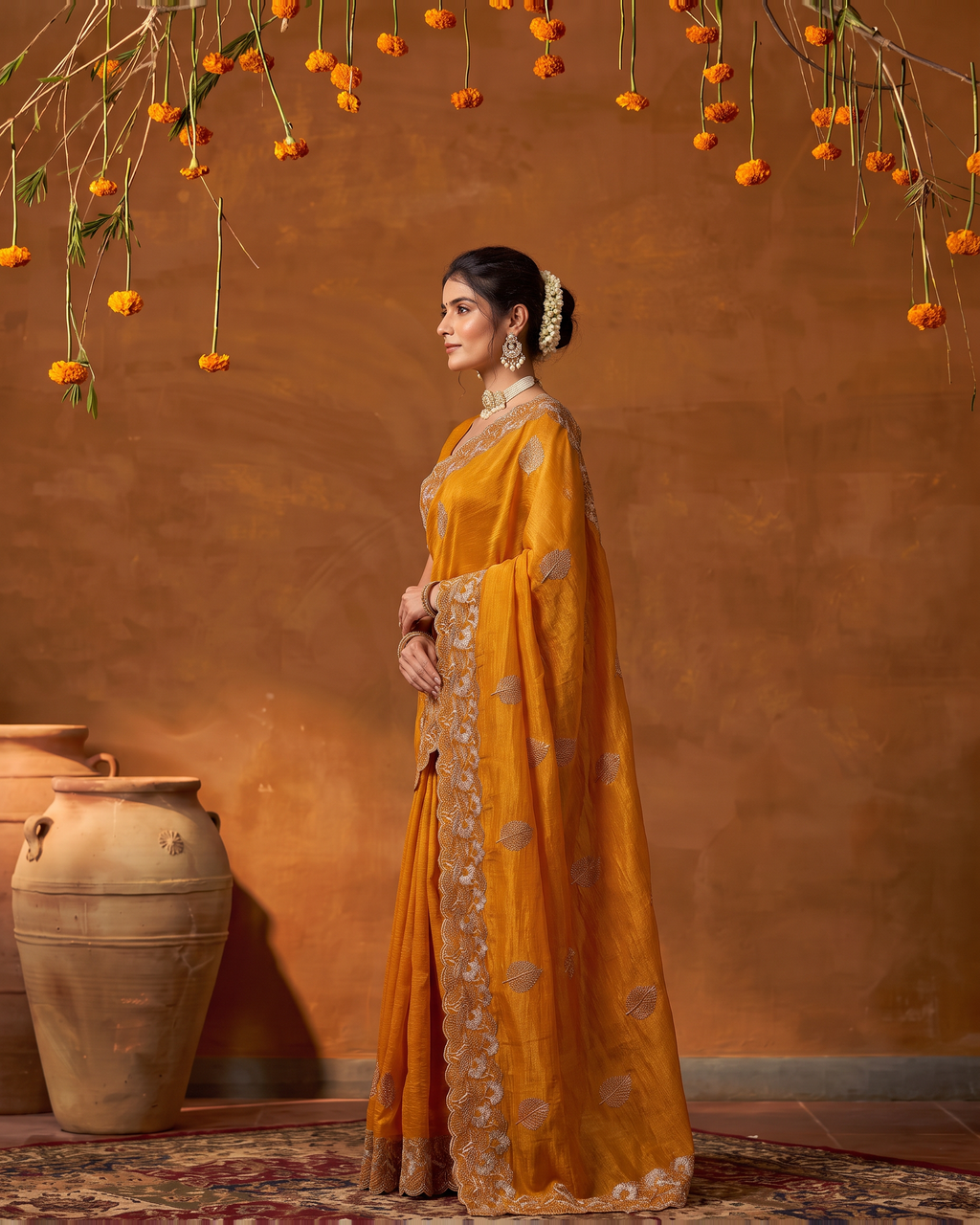 Radhika Statement Butti Festive Saree with Embroidered Pallu - Yellow - side