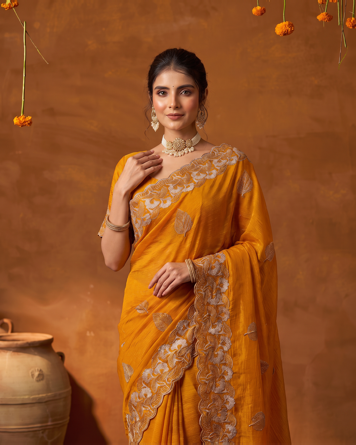 Radhika Statement Butti Festive Saree with Embroidered Pallu - Yellow - upper closeup