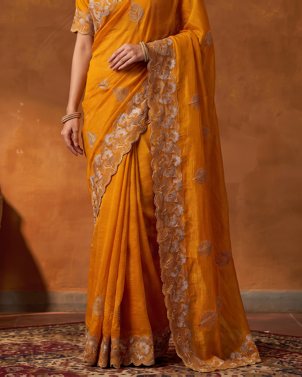 Radhika Statement Butti Festive Saree with Embroidered Pallu - Yellow - lower closeup