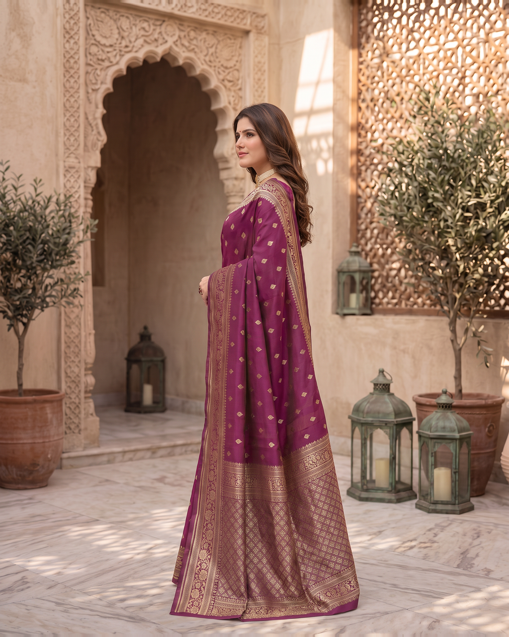 Rajeshwari Jewel Butti Silk Saree - Wine - side drape