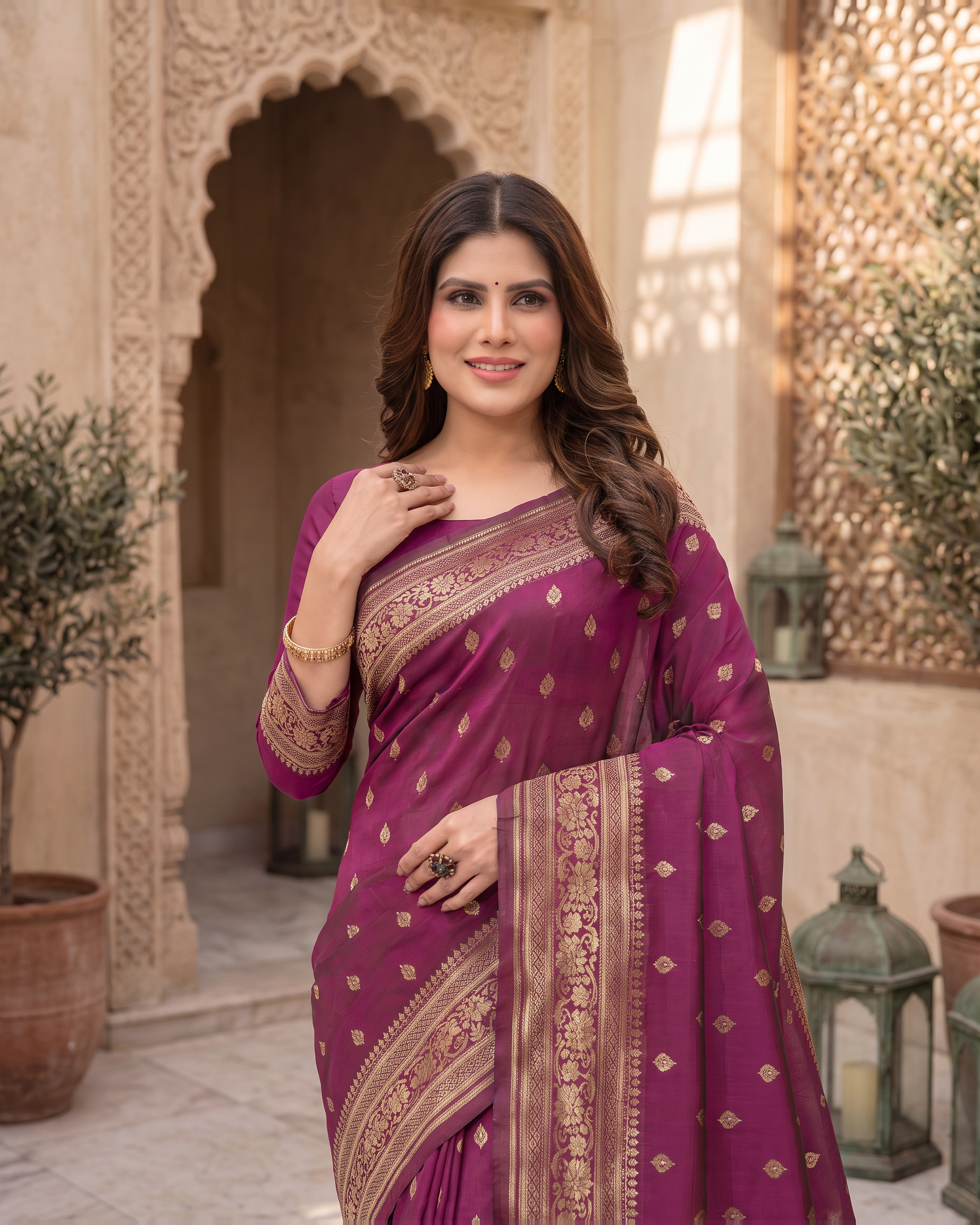Rajeshwari Jewel Butti Silk Saree - Wine - upper closeup
