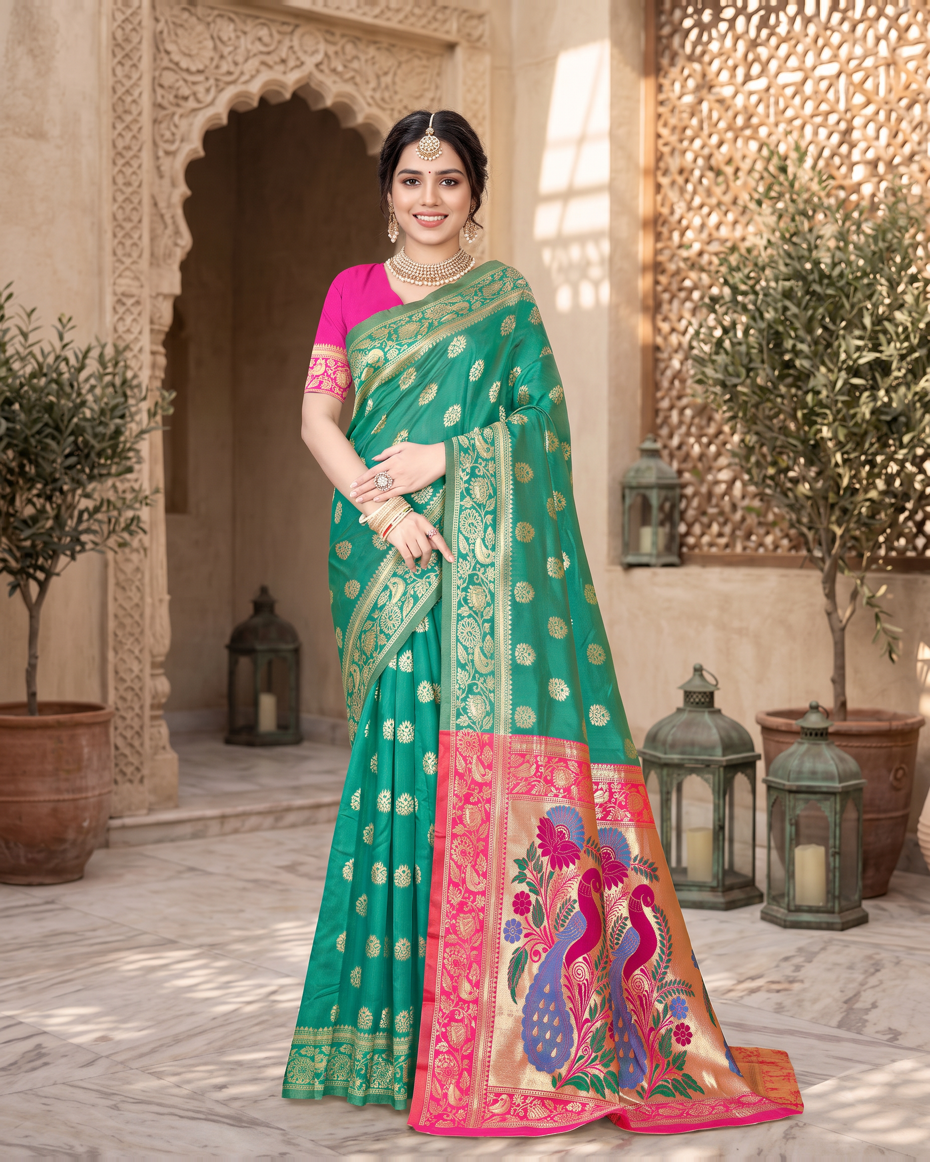 Rajkumari Peacock Motif Paithani Silk Saree - Aqua Green - full saree hero