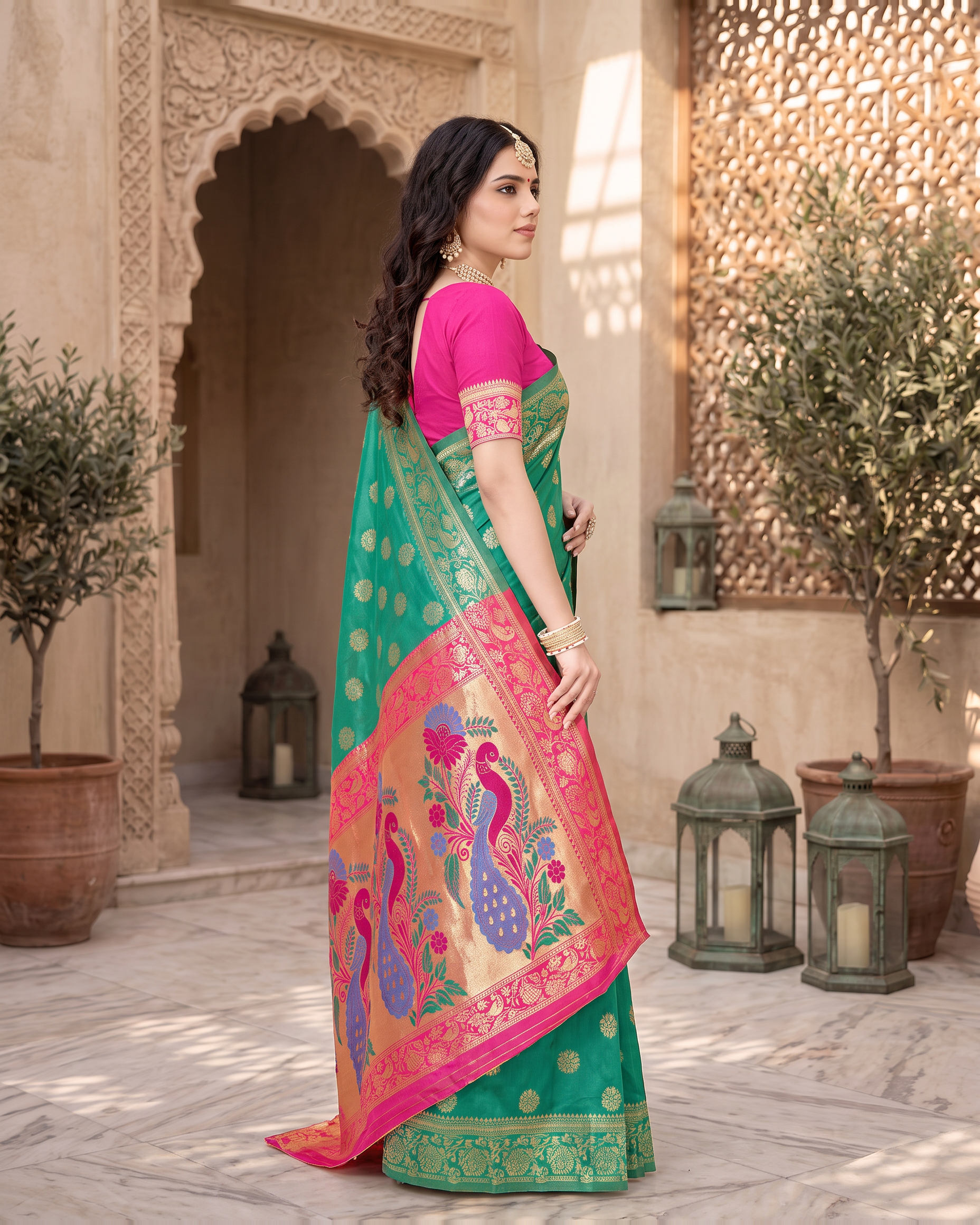 Rajkumari Peacock Motif Paithani Silk Saree - Aqua Green - side drape