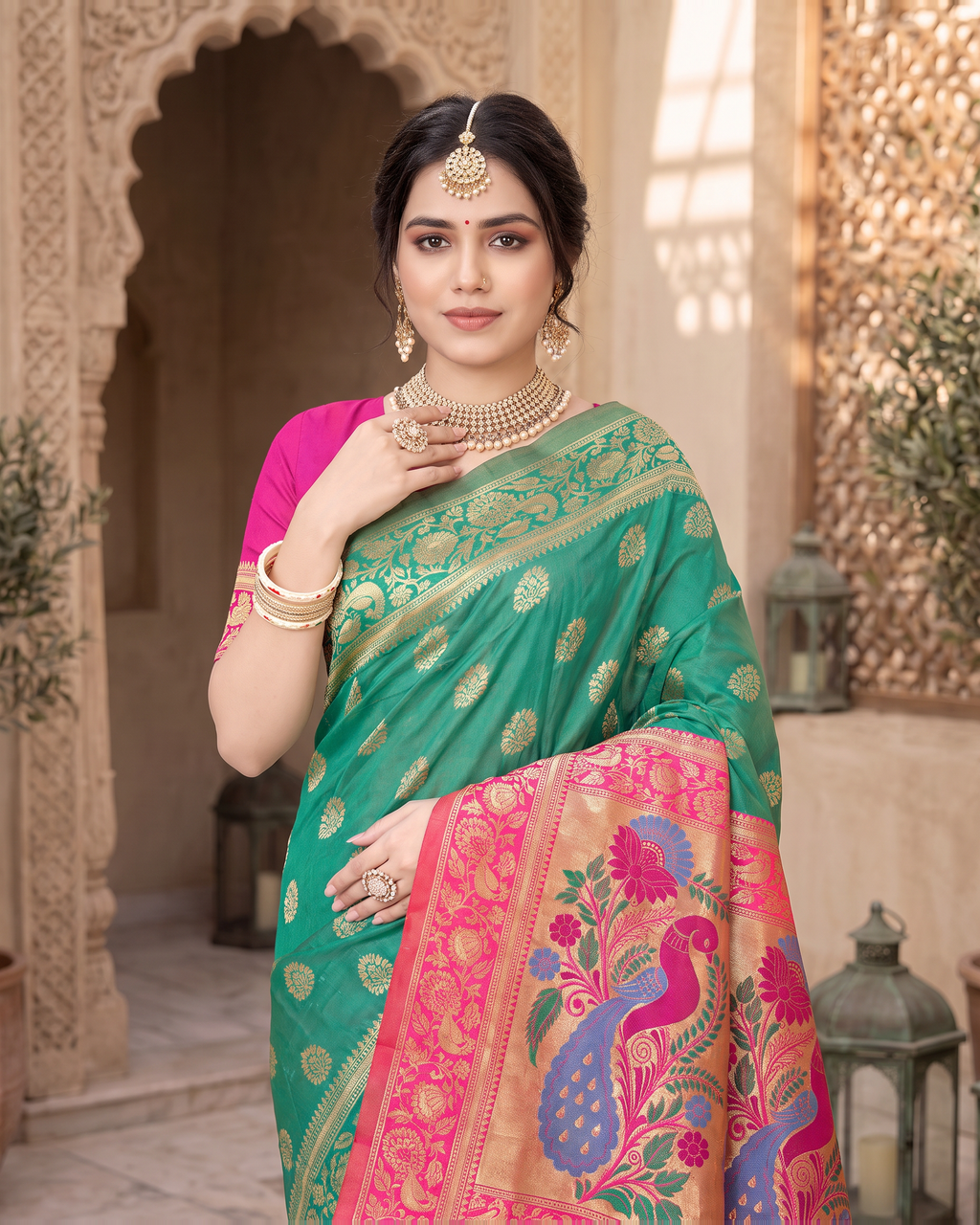 Rajkumari Peacock Motif Paithani Silk Saree - Aqua Green - upper closeup
