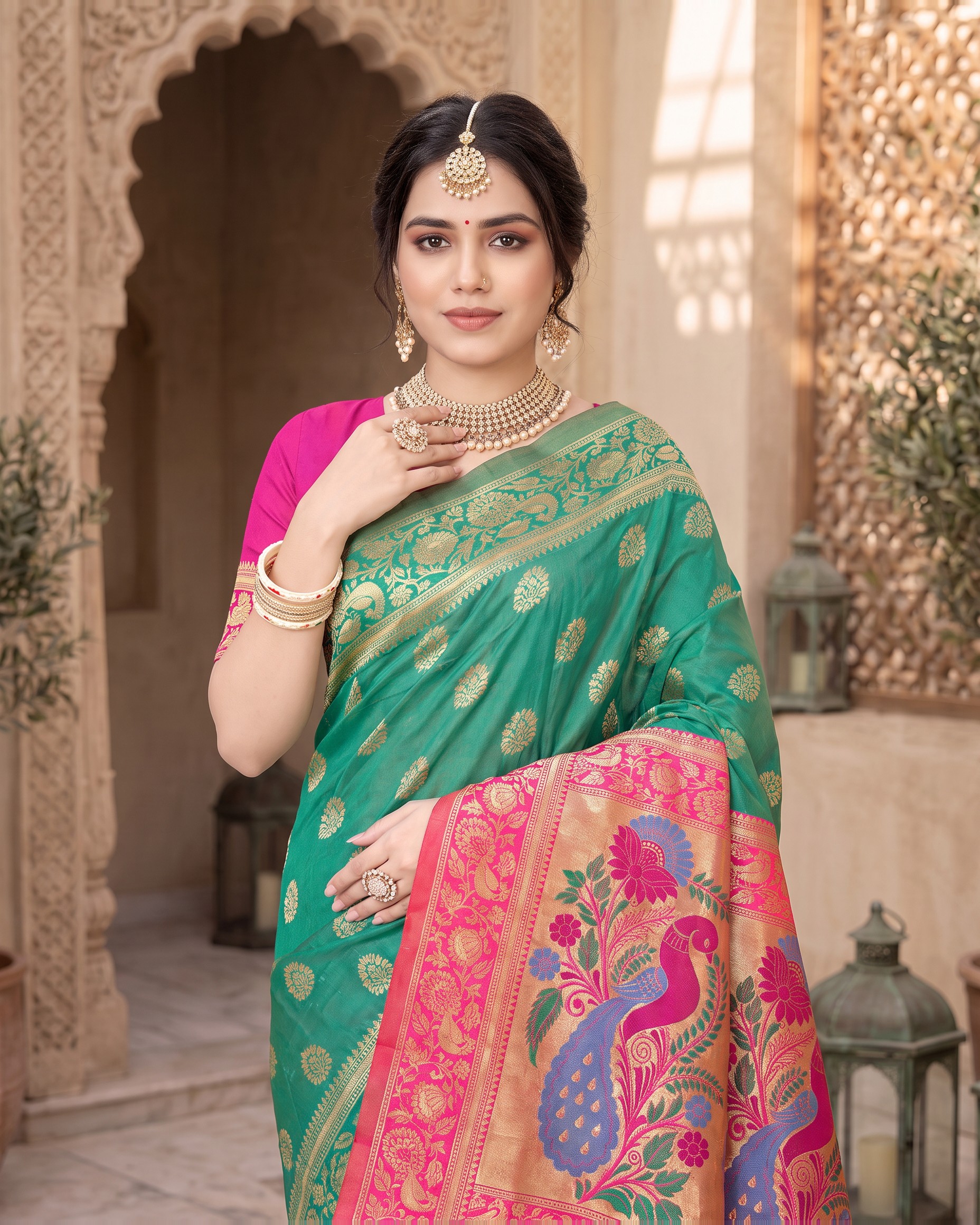 Rajkumari Peacock Motif Paithani Silk Saree - Aqua Green - upper closeup