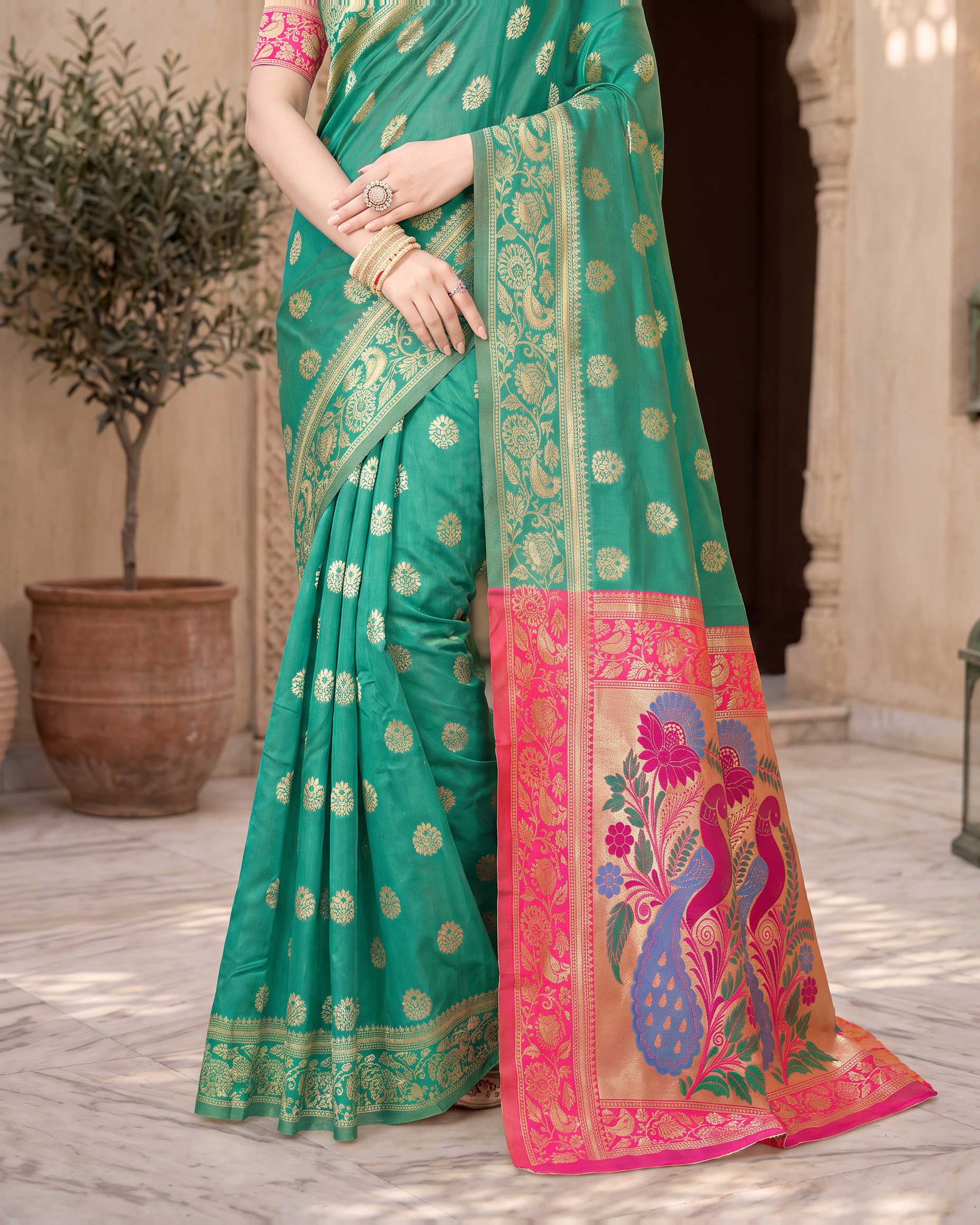 Rajkumari Peacock Motif Paithani Silk Saree - Aqua Green - lower closeup