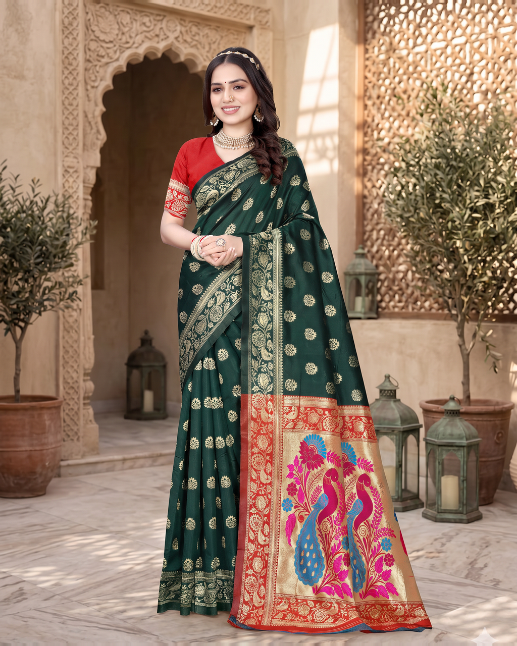 Rajkumari Peacock Motif Paithani Silk Saree - Green - full saree hero