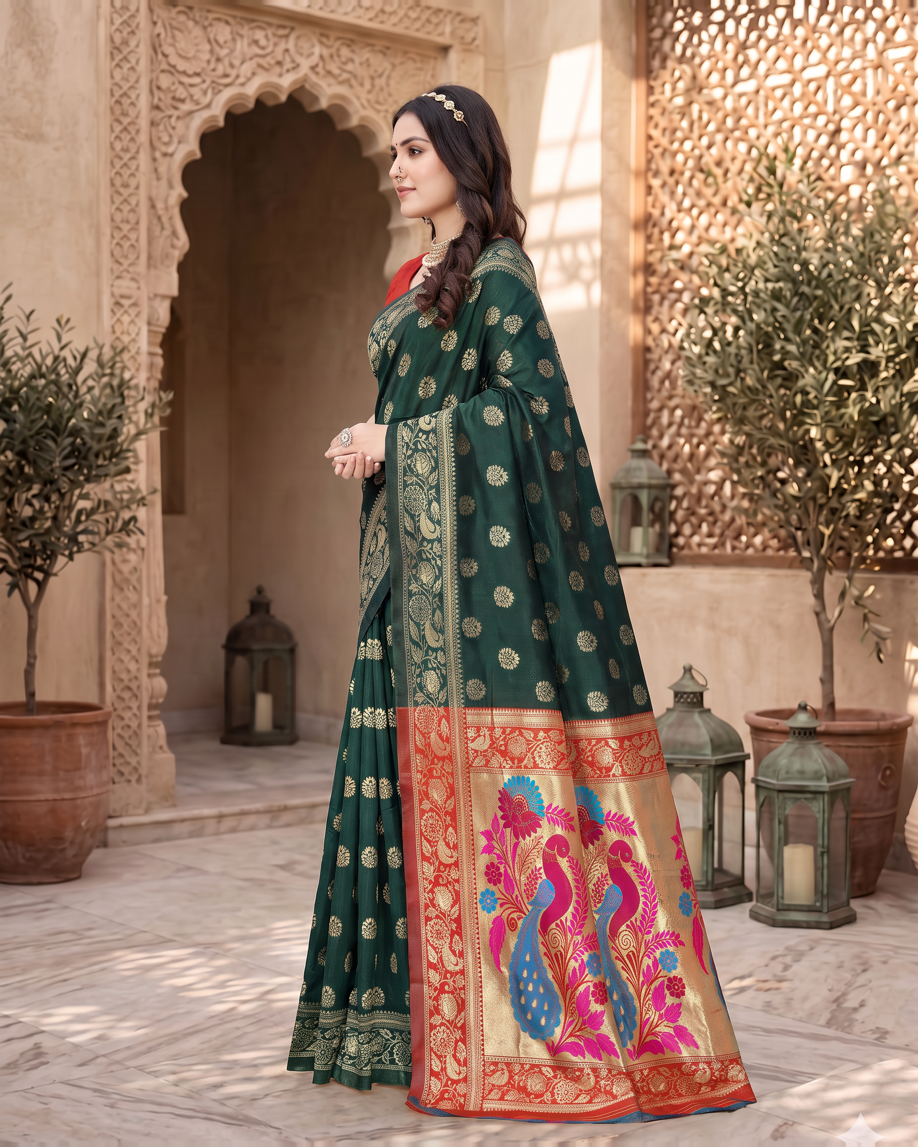 Rajkumari Peacock Motif Paithani Silk Saree - Green - side drape