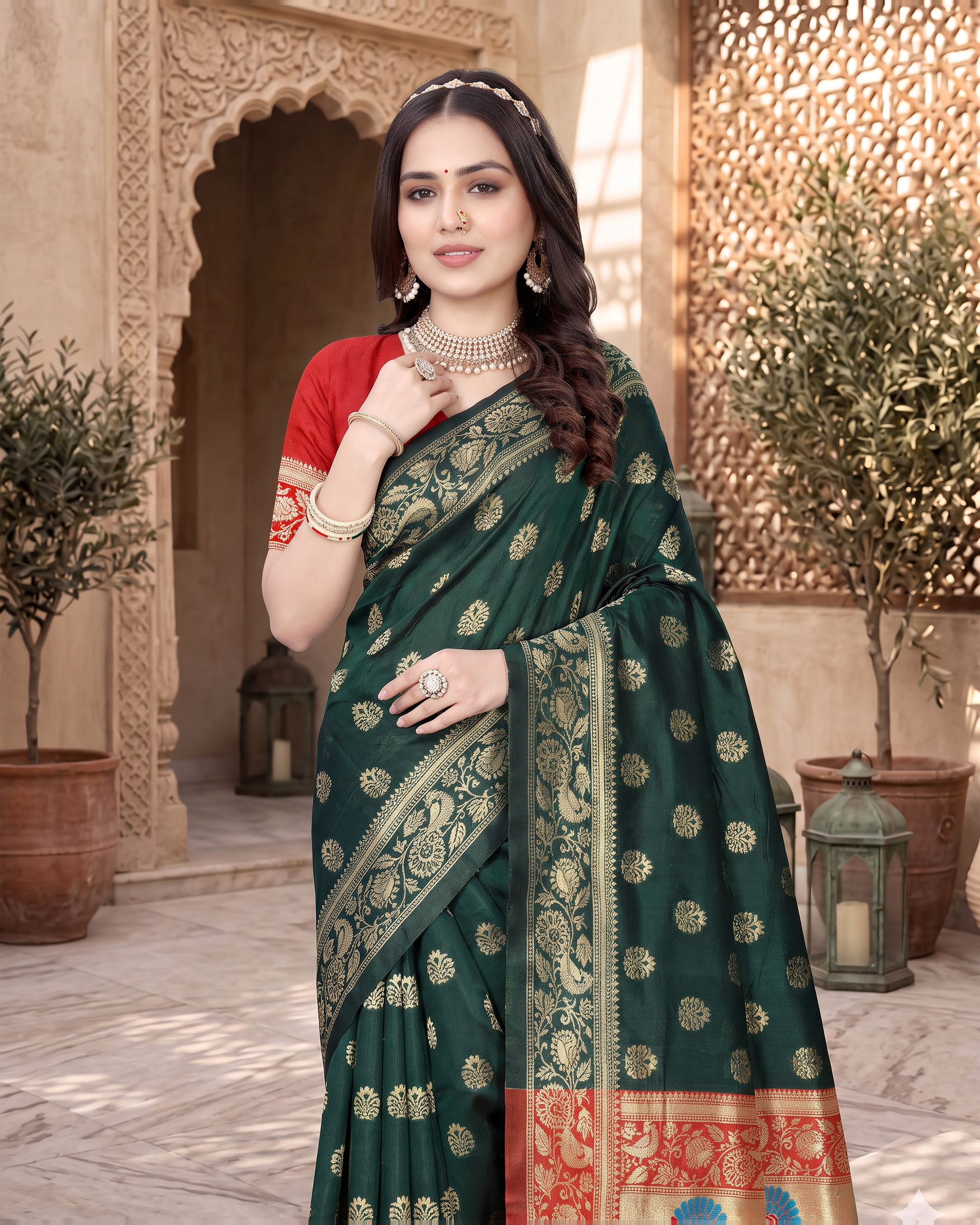 Rajkumari Peacock Motif Paithani Silk Saree - Green - upper closeup