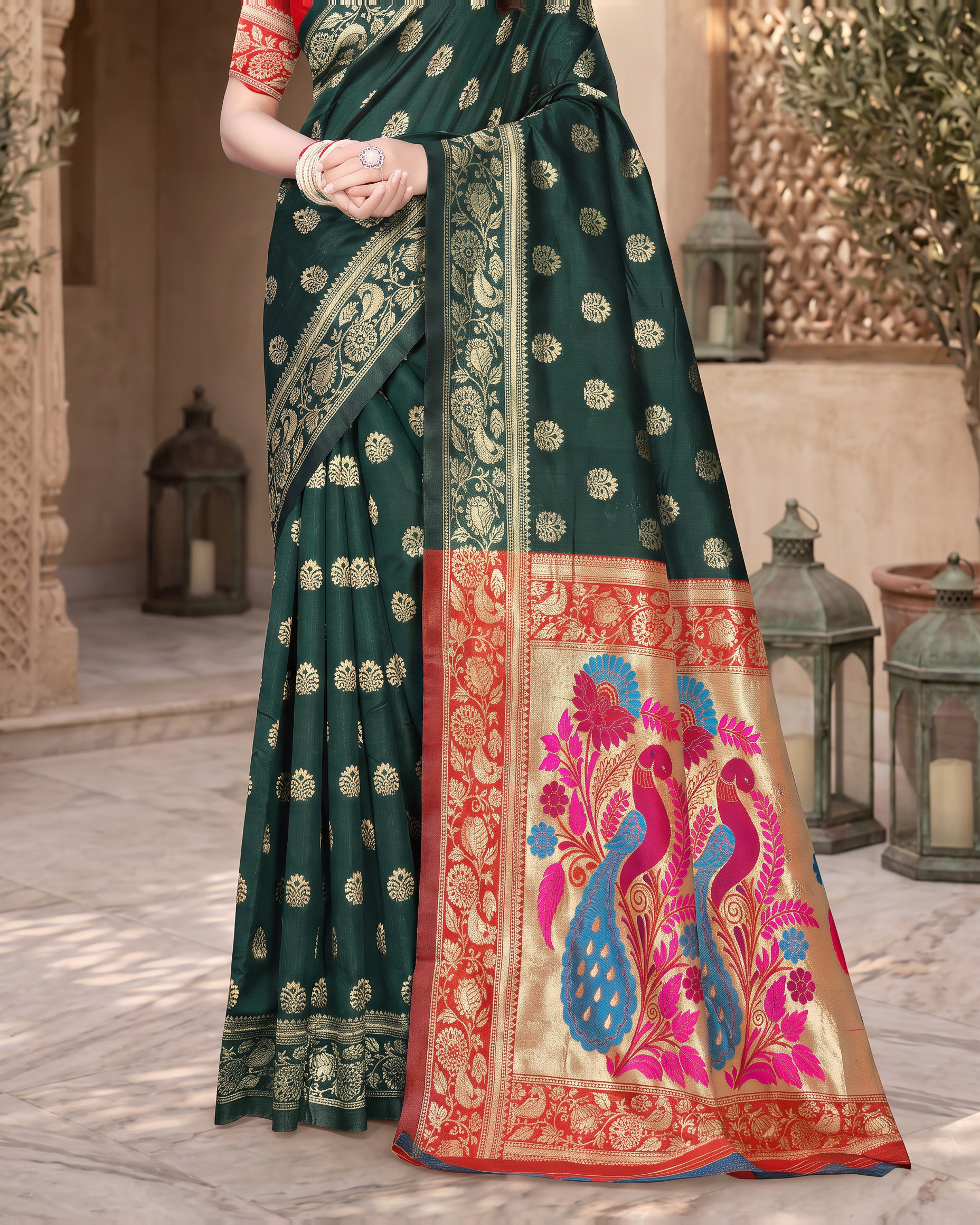Rajkumari Peacock Motif Paithani Silk Saree - Green - lower closeup