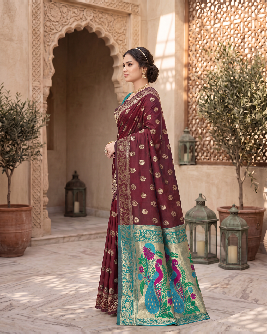Rajkumari Peacock Motif Paithani Silk Saree - Maroon - side drape