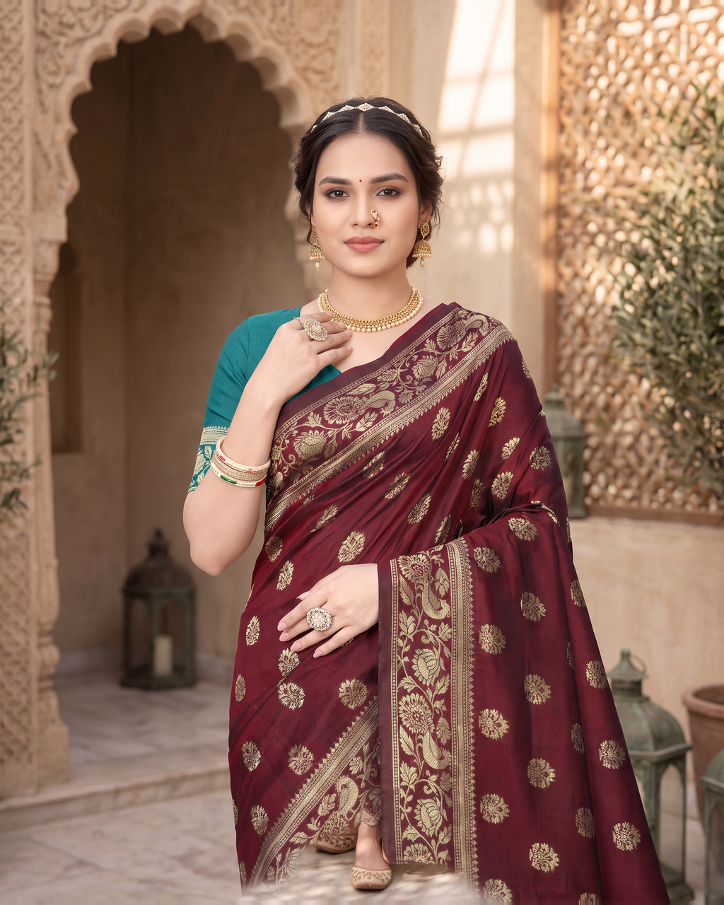Rajkumari Peacock Motif Paithani Silk Saree - Maroon - upper closeup