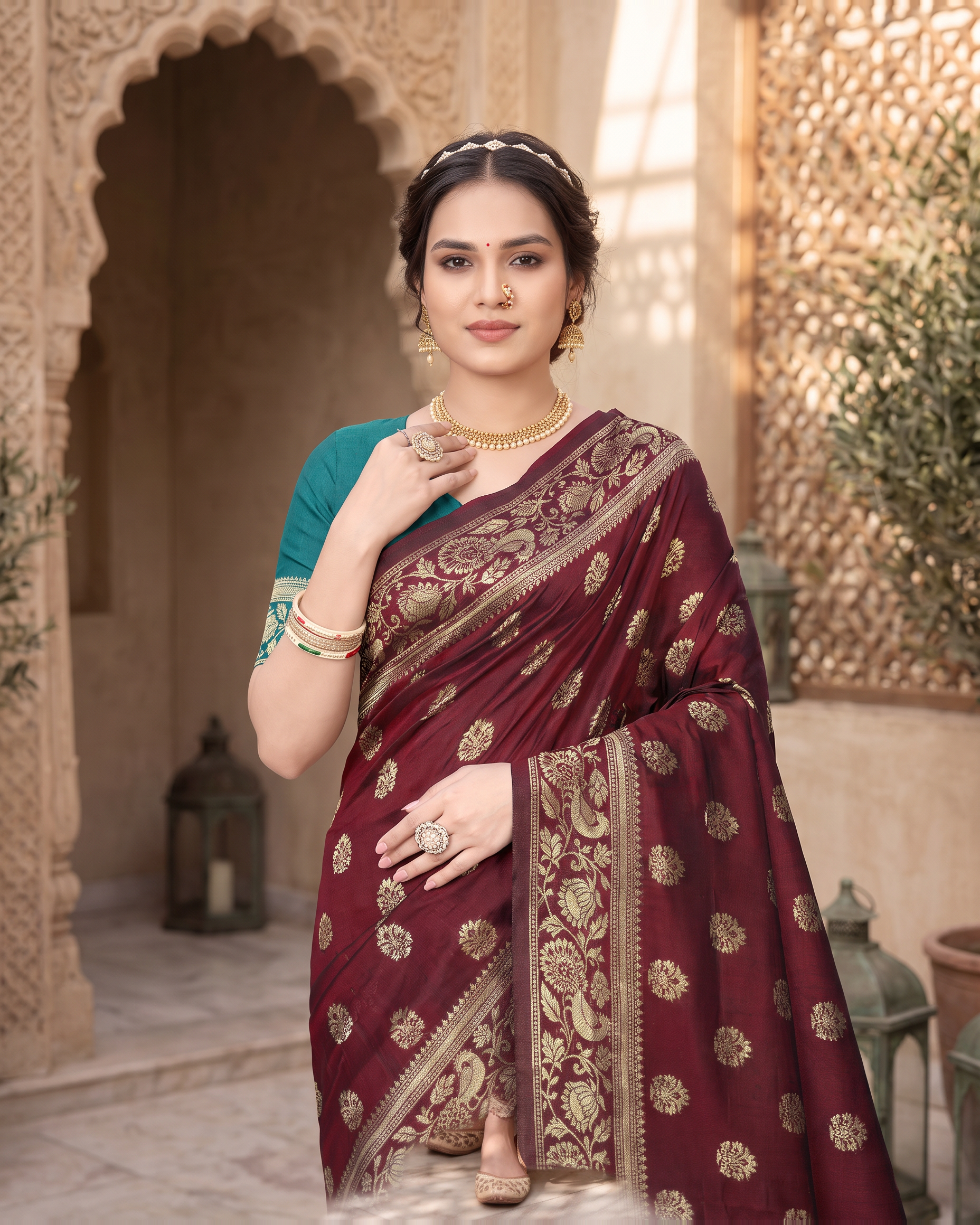 Rajkumari Peacock Motif Paithani Silk Saree - Maroon - upper closeup