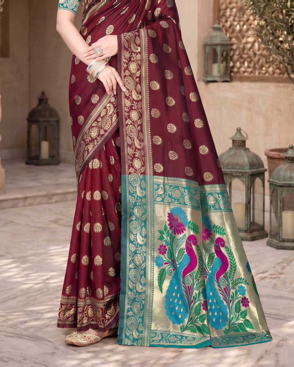 Rajkumari Peacock Motif Paithani Silk Saree - Maroon - lower closeup