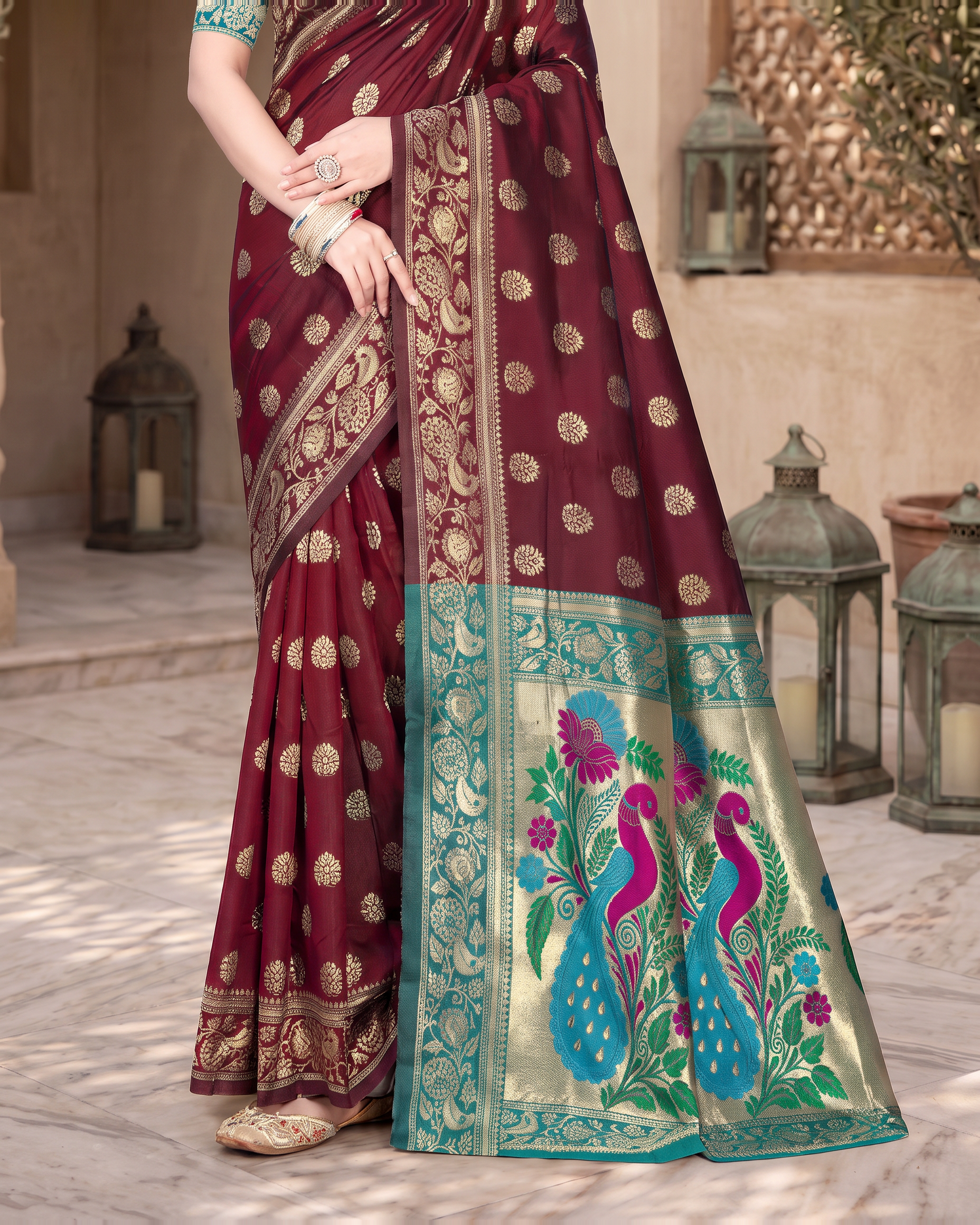 Rajkumari Peacock Motif Paithani Silk Saree - Maroon - lower closeup