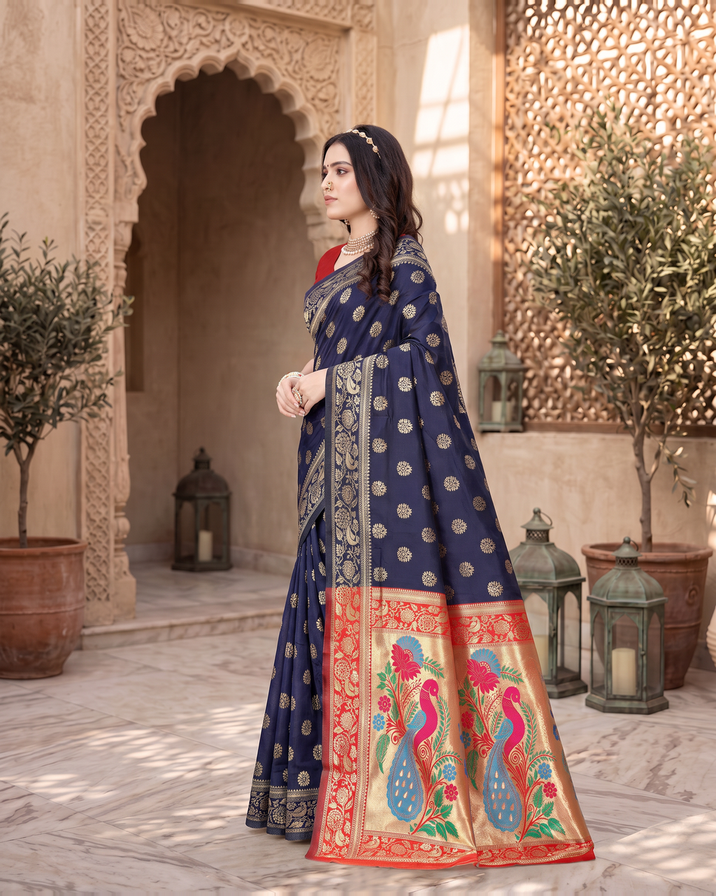 Rajkumari Peacock Motif Paithani Silk Saree - Navy Blue - side drape
