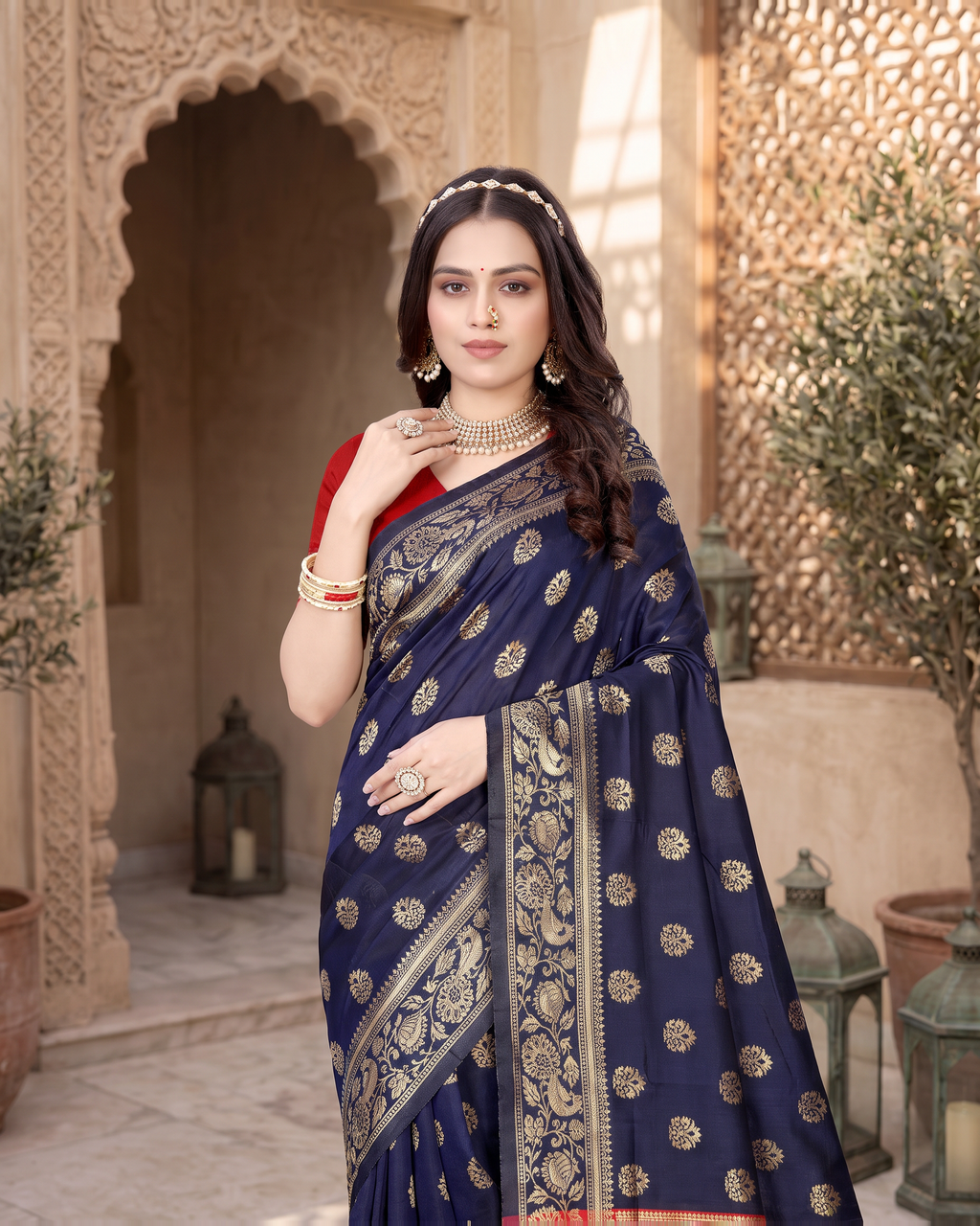 Rajkumari Peacock Motif Paithani Silk Saree - Navy Blue - upper closeup