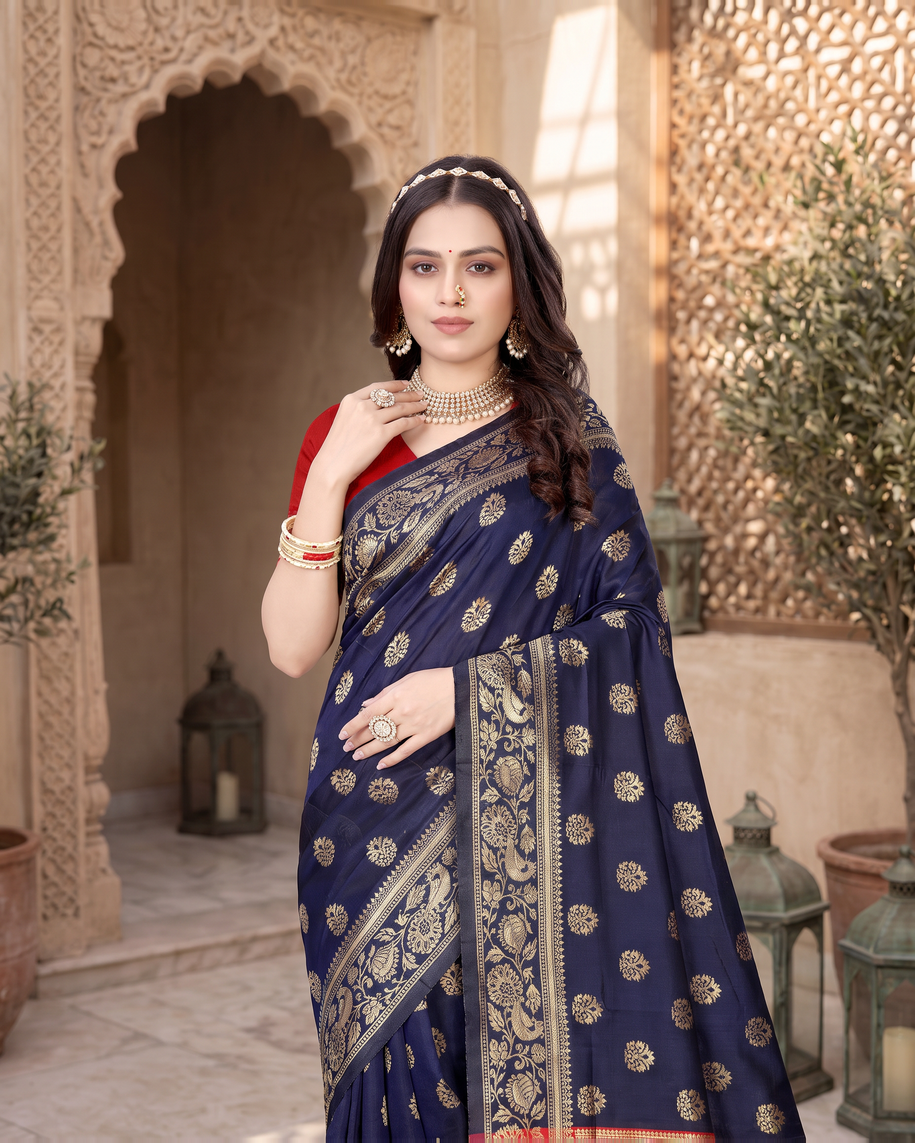 Rajkumari Peacock Motif Paithani Silk Saree - Navy Blue - upper closeup