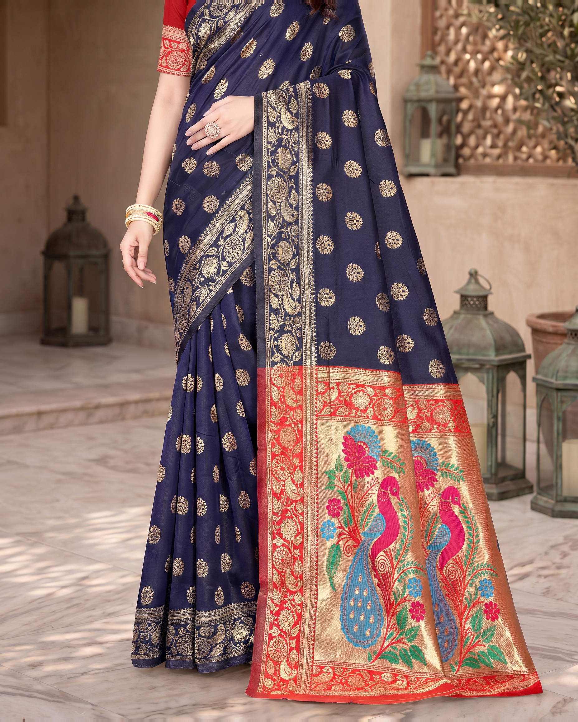 Rajkumari Peacock Motif Paithani Silk Saree - Navy Blue - lower closeup